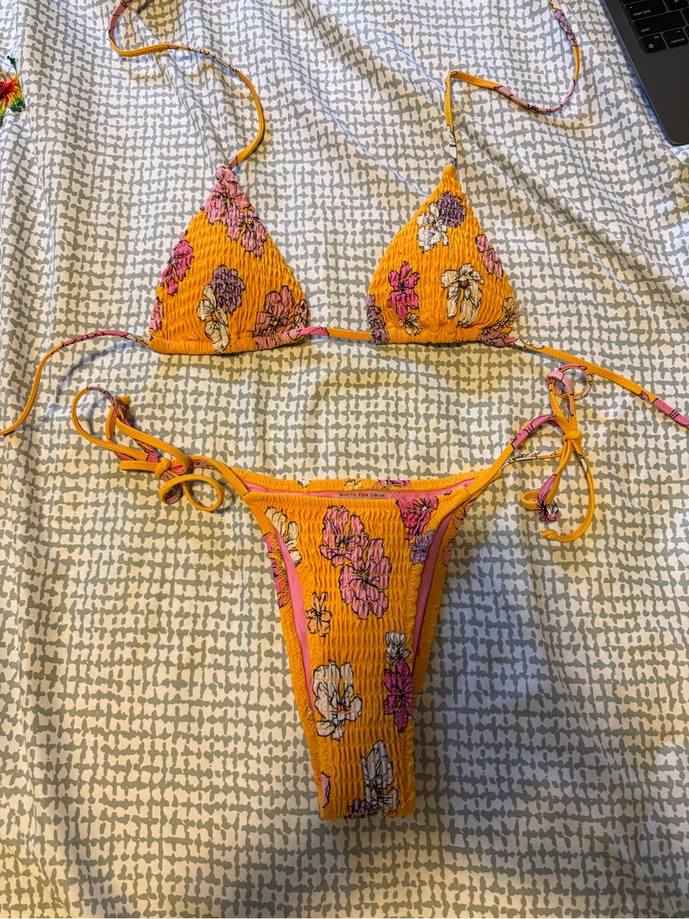 White Fox Boutique Women's Floral Smocked Triangle Bikini - Yellow